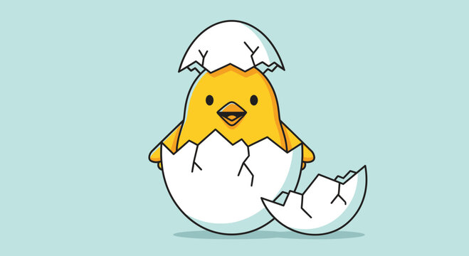 Adorable cartoon chick emerging from a broken eggshell with playful expression
