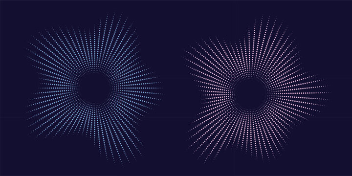 Sound equalizer icons with lines and dots, gradient neon circular sound wave frames, abstract radial music icons. Audio beat symbol concept isolated on white. Vector illustration.