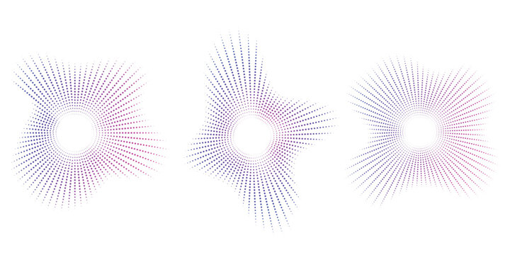 Sound equalizer icons with lines and dots, gradient neon circular sound wave frames, abstract radial music icons. Audio beat symbol concept isolated on white. Vector illustration.