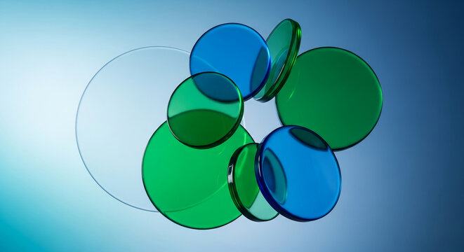 Image of blue and green transparent circle shapes, creating abstract composition, symbolizing depth, visual effect, technology, and modern art style