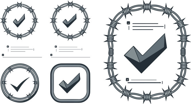 Check mark icons inside barbed wire circular and oval shape borders