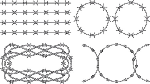 Barbed wire straight lines and circular frames set for construction