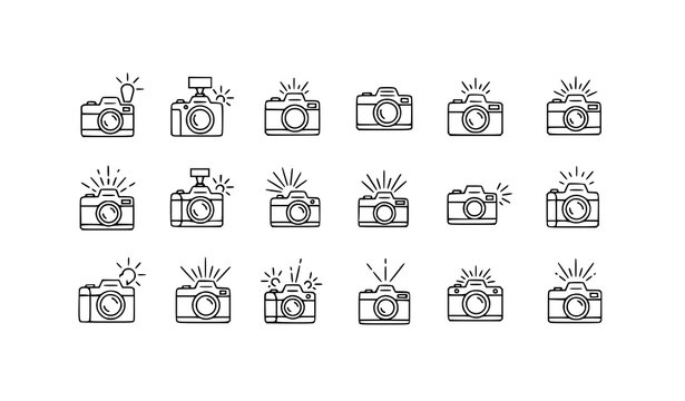 Camera with flash line icons set photography paparazzi photo shot light symbols editable stroke vector eps10
