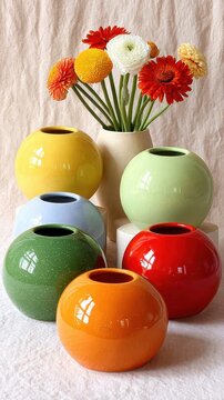 A vibrant display features an array of glossy, spherical ceramic vases in red, orange, yellow, green, light blue, and light green