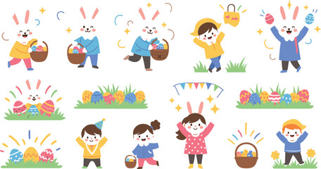 Obraz premium PrintHappy children celebrating Easter with bunny ears, baskets, eggs and spring decorations joyful cartoon vector illustration collection set