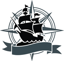 Sailing ship and compass rose with banner on transparent background © NUR