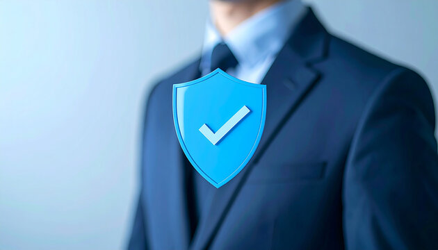 Blue security shield with check mark floating in front of businessman in suit. Protection, verification, cybersecurity and data privacy