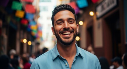 Fototapeta premium Happy Man in Blue Shirt Posing Outdoors with Festive Decorations