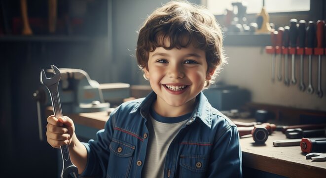 Young Boy in Blue Denim Shirt Holding Wrench in Workshop with Tools