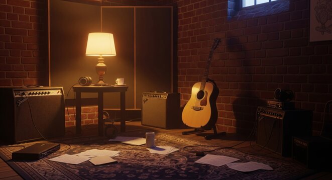 Warm Lit Music Studio Room with Acoustic Guitar and Brick Walls