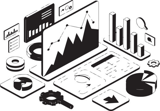 Isometric business data analytics chart graphs and diagrams on gray grid