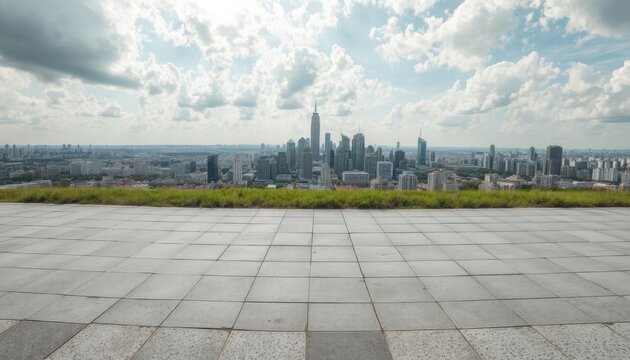 Expansive urban panorama with tiled foreground for event presentations, corporate launches, and architectural showcases.