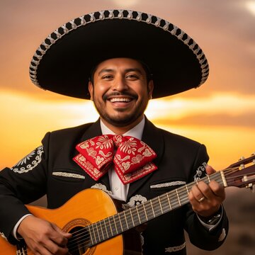 Smiling Musician in Traditional Charro Suit Plays Guitar at Sunset