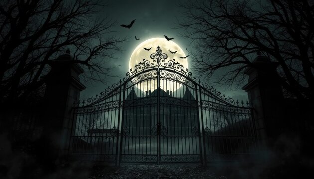 Ornate gates guard a shadowy estate under a full moon, perfect for Halloween themes or spooky storytelling presentations.