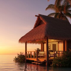 Fototapeta premium Tropical Bungalow Over Water with Sunset Orange Sky View
