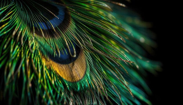 Detailed Macro View of a Radiant Peacock Feather with Intricate Patterns, Perfect for Elegant Backgrounds and Artistic Designs