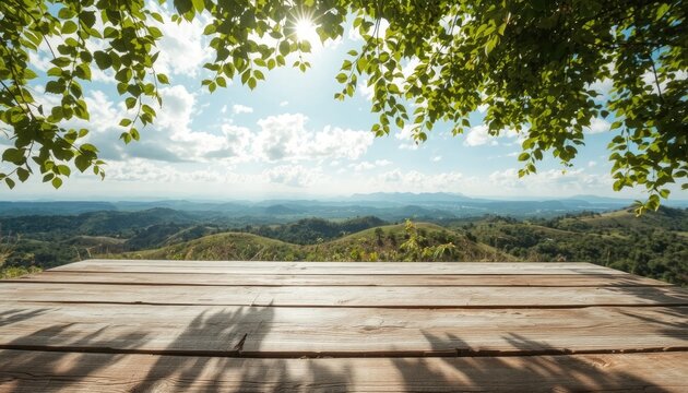A rustic wooden table overlooking rolling green hills and a bright sky, perfect for outdoor dining or tranquil retreats.