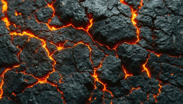 Intense fiery cracks in dark rugged terrain, perfect for presentations on energy, geology, and powerful transformations.