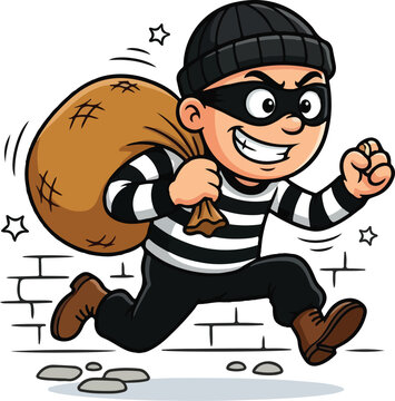 Cartoon burglar running with a sack of loot, representing crime and theft