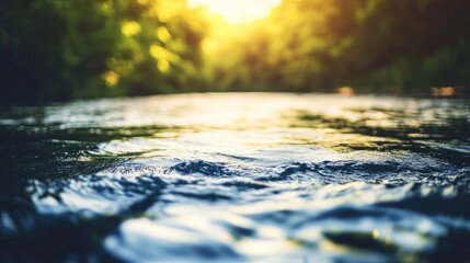 Fototapeta premium Close-up view of a river flowing, sunlight filtering through trees