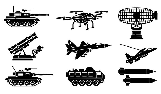 Military Equipment Icon Set with Tanks, Fighter Jets, Drones, Missiles, and Radar Systems for Defense, Army, and Combat Operations Vector Illustration