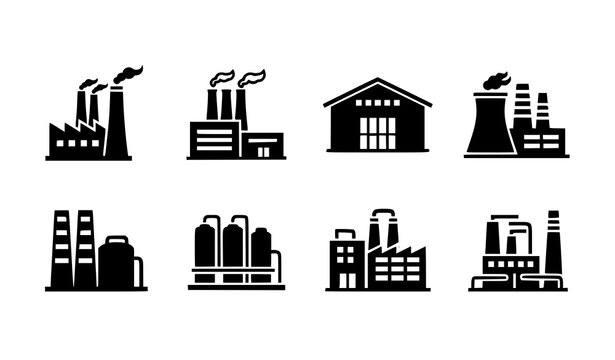 Industrial Factory and Power Plant Icon Set with Manufacturing Buildings, Energy Facilities, and Production Infrastructure for Industry Vector Illustration Collection