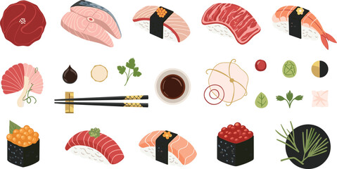 Japanese sushi and sashimi vector set featuring salmon nigiri maki rolls chopsticks and soy sauce for restaurant menu and food design © Bappi