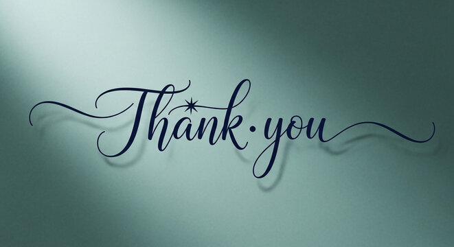 Elegant 'Thank you' script with star on a teal gradient background, casting soft shadow. Symbolizes gratitude and appreciation, offering free space for messages