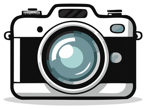 Vector camera illustration with large lens design and black and white colors in cartoon style for Adobe Stock.