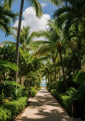 Fototapeta premium Pathway through Lush Palm Trees Leading to Turquoise Ocean View