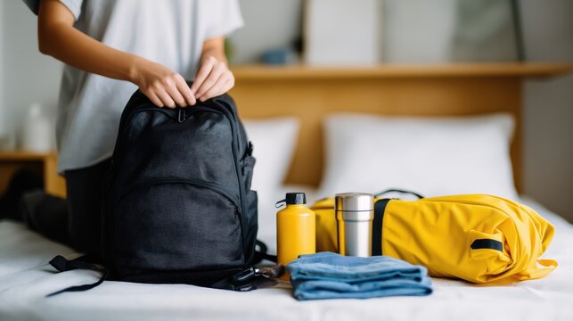 Person packing a black backpack with clothing and travel gear on bed  
