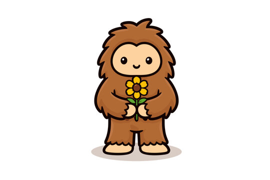 Cute Bigfoot Holding Sunflower &ndash; Kawaii Sasquatch Cartoon Character