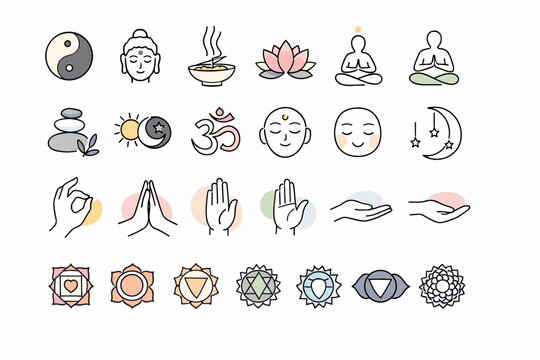 Mindfulness & Spirituality Icon Set &ndash; Yoga, Meditation, Chakra Symbols and Zen Elements