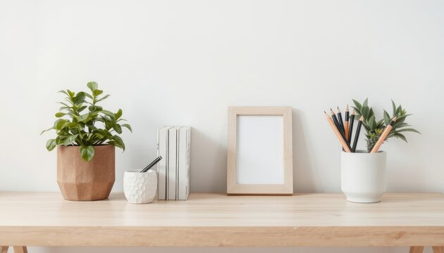 Minimalist desk vignette with decorative elements and blank frame perfect for business presentations, office decor, or creative workspaces
