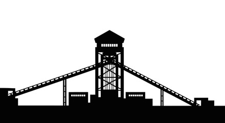 Fototapeta premium Coal Mine Shaft Headframe and Conveyor Belt Industrial Silhouette Isolated on White