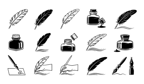 Feather Quill and Ink Vector Set with Vintage Writing Tools, Hand Drawn Calligraphy Pens and Inkwell Collection for Retro Stationery and Classic Design