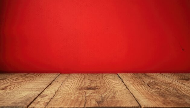 Rustic Wooden Table Surface with Vibrant Red Textured Wall Background for Product Displays, Presentations, and Various Themed Events