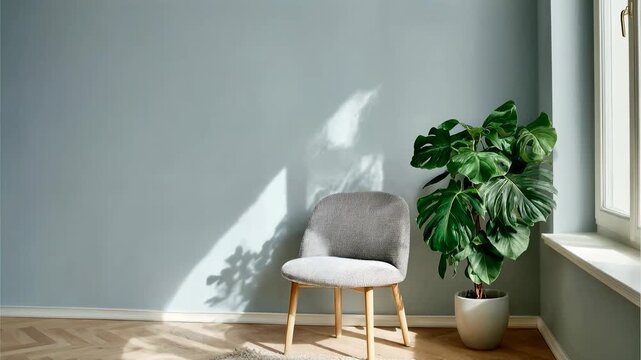 Sunlit cozy interior corner with modern chair and lush green plant by large window creating peaceful minimalist home atmosphere with natural light and soft shadows