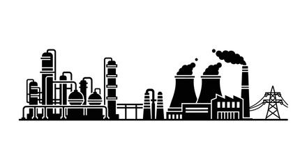 Fototapeta premium Industrial Factory and Refinery Silhouette Landscape Icon Set, Vector Illustration of Power Plant, Oil Gas Infrastructure, and Manufacturing Facility for Energy and Environment