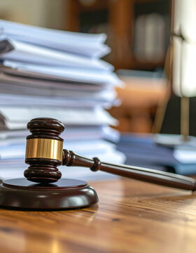 Gavel resting on wooden desk. Law and justice. Blurred stack of financial documents on background.
