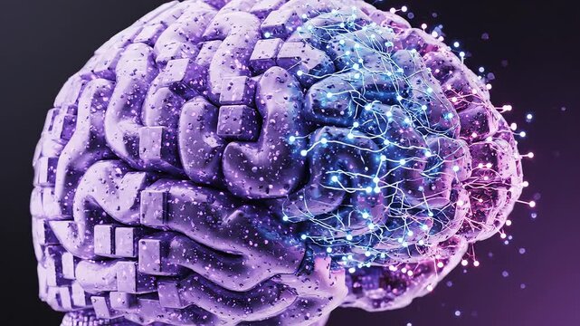 Purple brain with digital elements