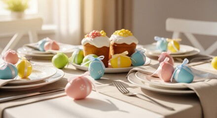 Obraz premium Festive Easter Table Setting with Pastel Eggs and Decorated Cakes