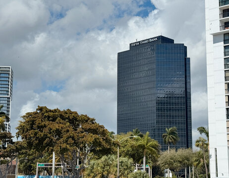 Fifth Third Bank sign at the top of the Northbridge Centre - an office building in Palm Beach, Florida - where the bank rents office space.