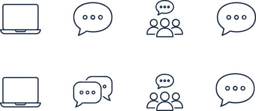 Cartoon communication and technology icon illustration with laptop, speech bubbles, and group chat design