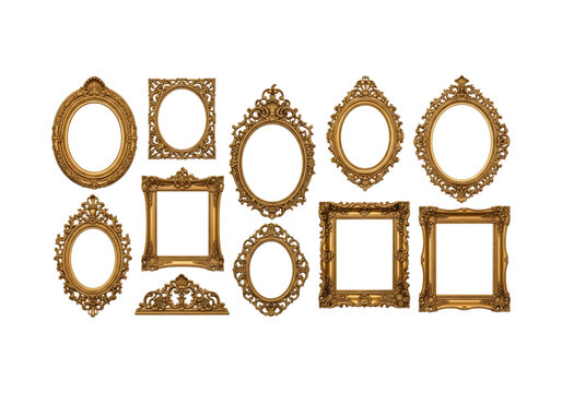 Gold vintage ornate picture frames set, antique baroque border collection png on transparent background