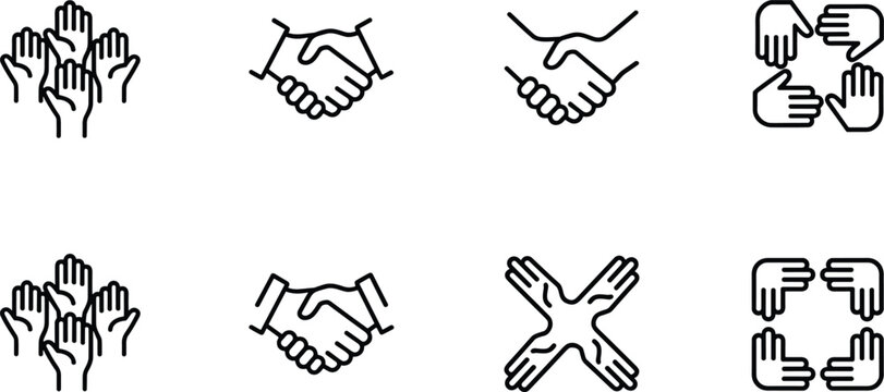 Cartoon teamwork and unity icon illustration with handshake, raised hands, and group support design