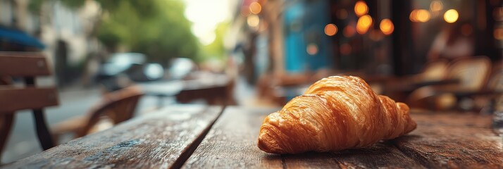 Fresh Croissant on a Rustic Wooden Table at an Outdoor Parisian Cafe