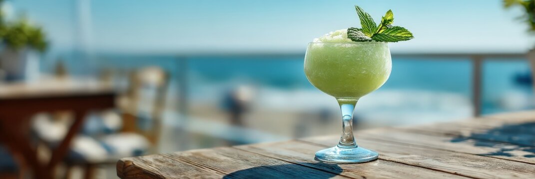 Refreshing Frozen Green Margarita with Fresh Mint on Beach Table