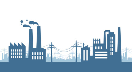 Fototapeta premium Industrial Factory Silhouette Landscape with Power Lines and Smoke