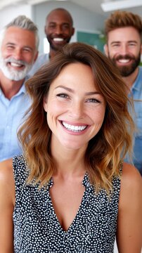 Smiling woman with brown hair stands in foreground, three diverse men blurred behind